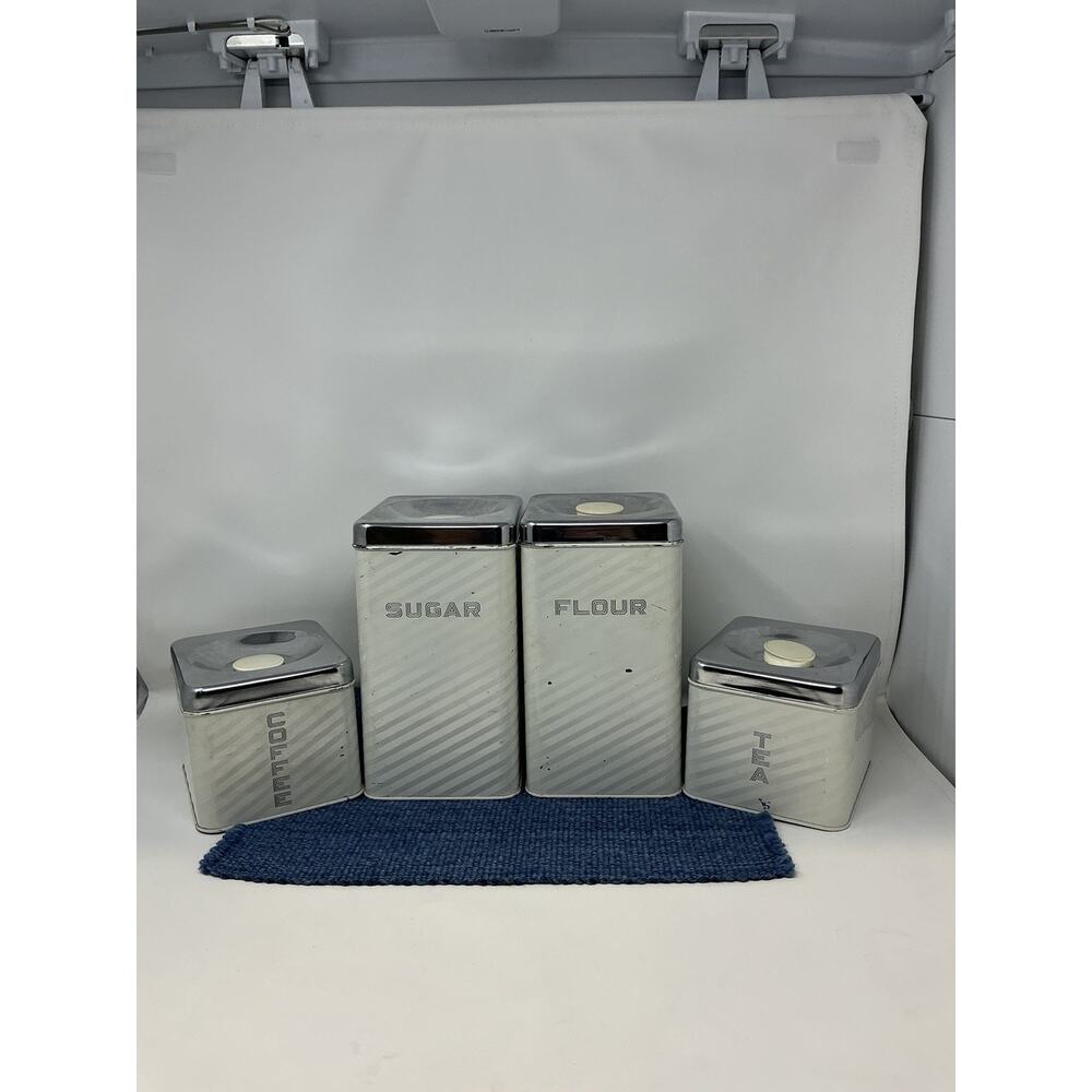 Lincoln Beautyware White Tin Kitchen Container Set Vintage Art Deco Mid-Century